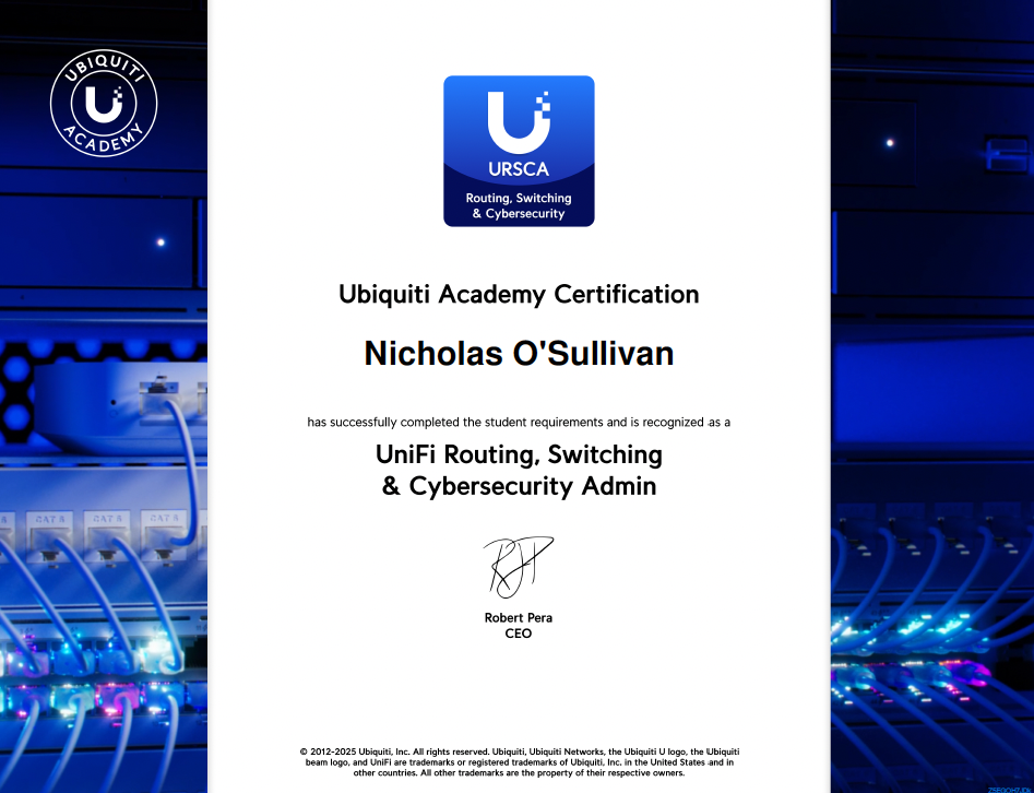 Ubiquiti Academy certificate recognising Nicholas O'Sullivan as a UniFi Routing, Switching and Cybersecurity Admin