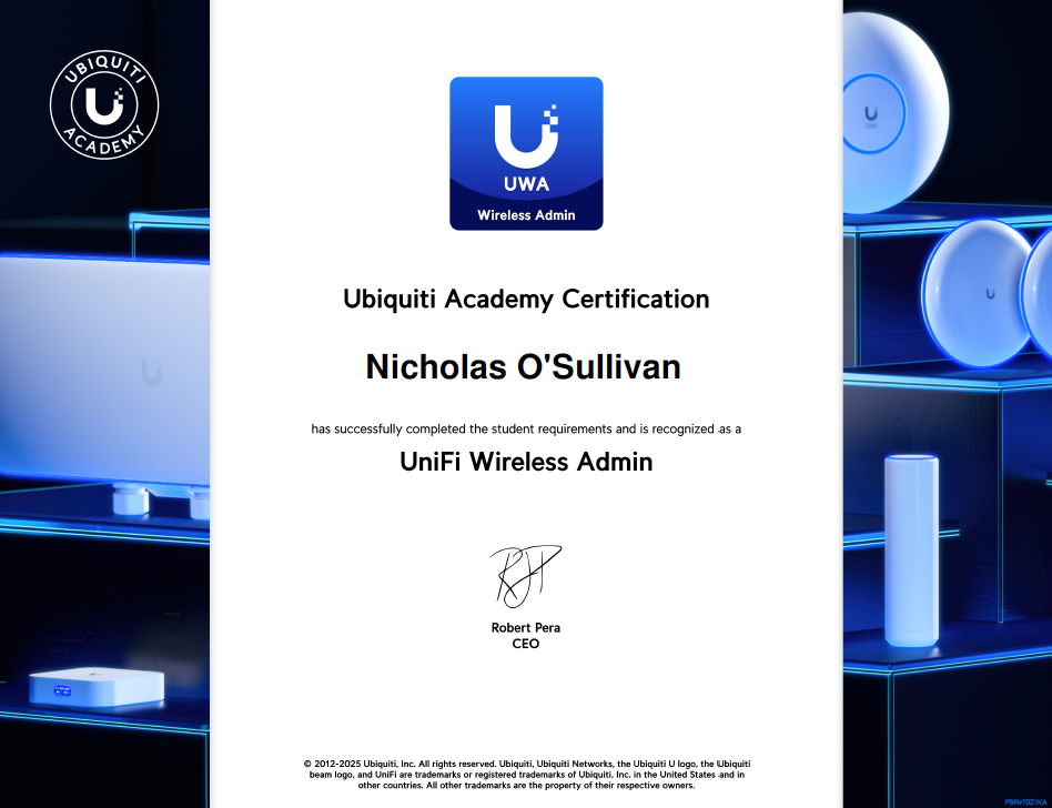 Ubiquiti Academy certificate recognising Nicholas O'Sullivan as a UniFi Wireless Admin