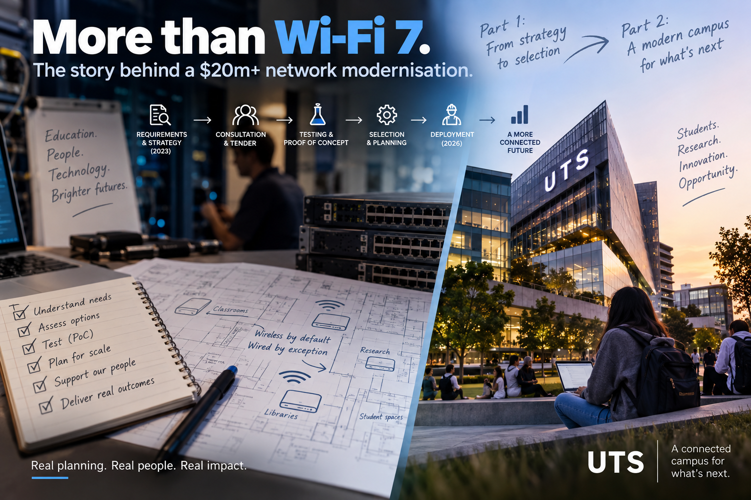 More than Wi-Fi 7: from strategy to selection, and a modern campus for what's next. Conceptual series artwork connecting planning, people and campus technology.