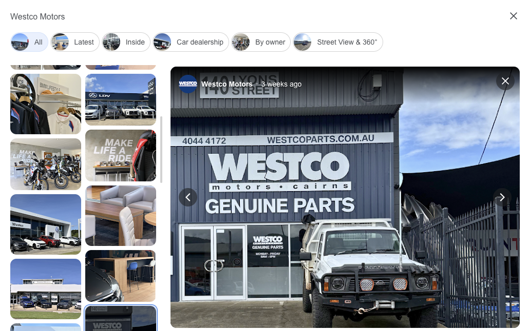 Google Maps photo gallery showing Westco Motors Genuine Parts in Cairns.