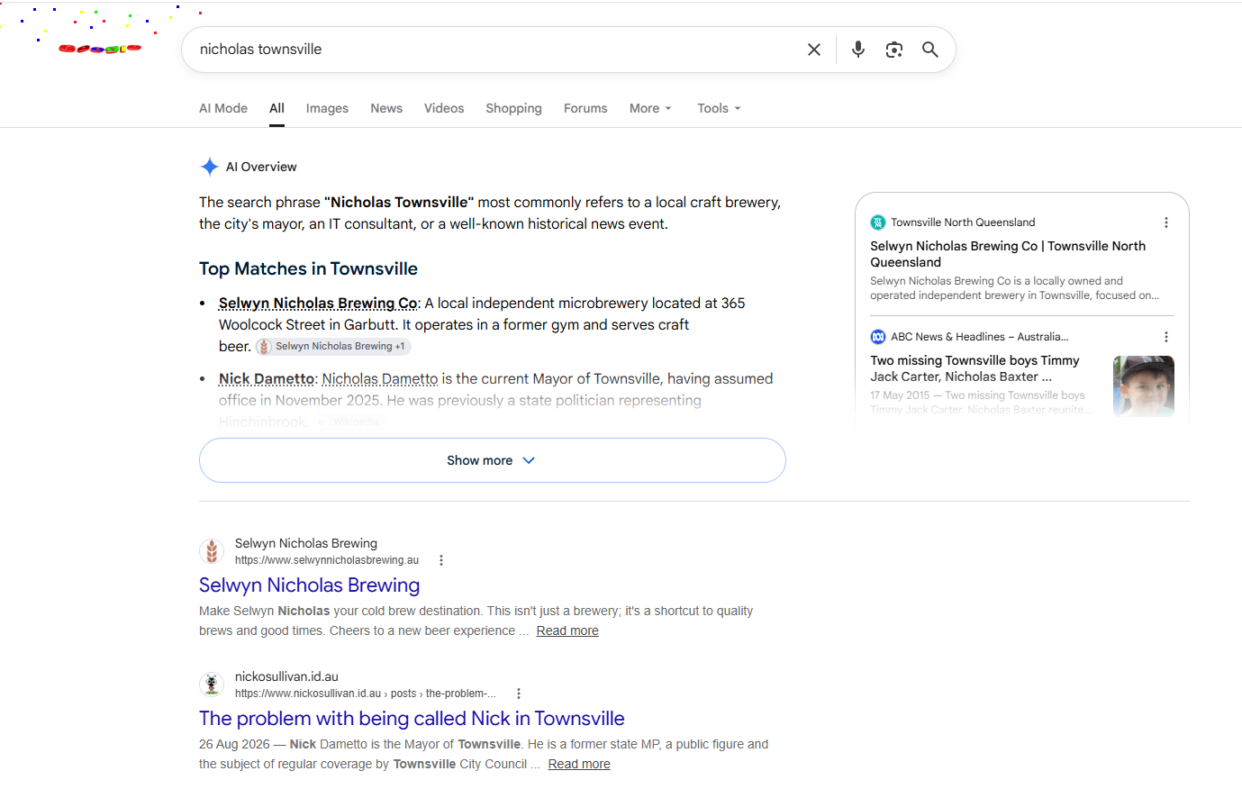 Google results for Nicholas Townsville showing Selwyn Nicholas Brewing followed by my article about being called Nick in Townsville